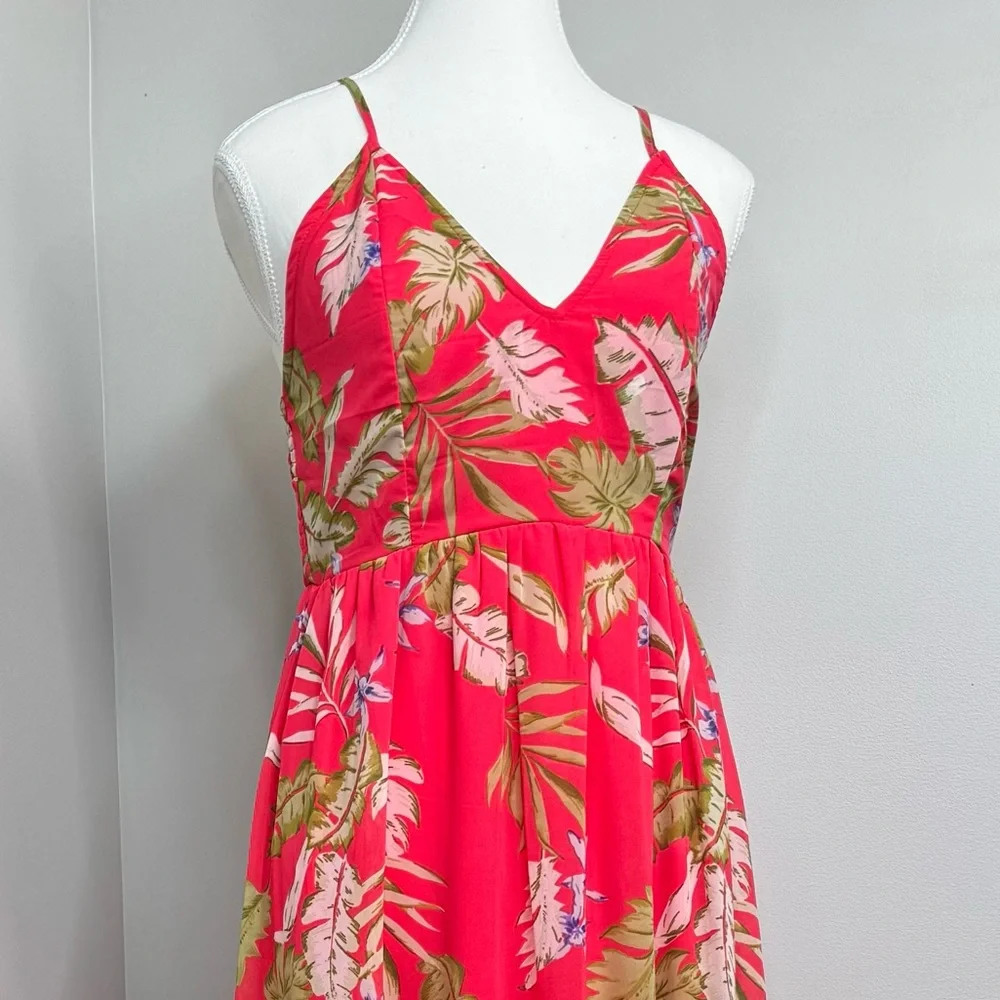 JAPNA V Neck Floral Maxi Dress S‎ Tropical Leaf Red Green Smocked Back